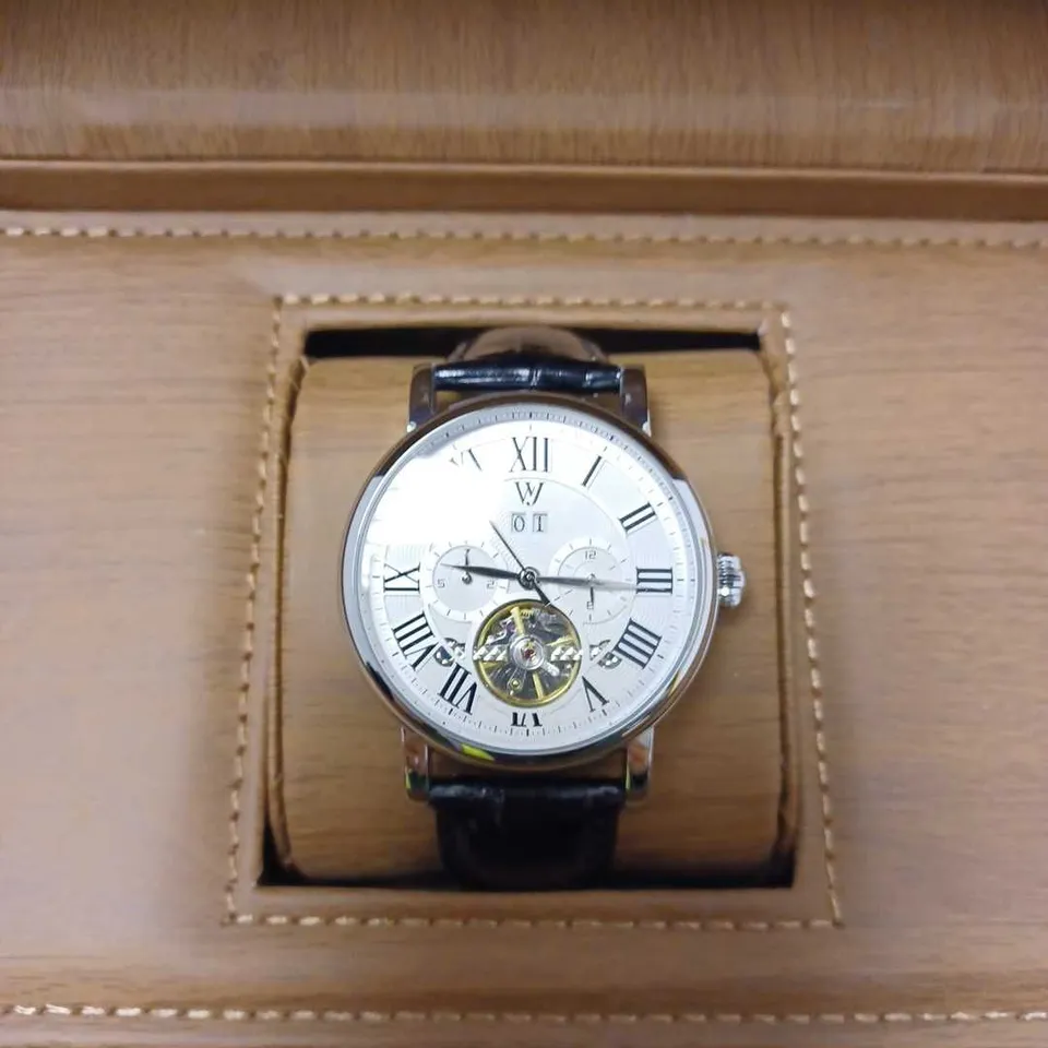 WILLIAM JOURDAIN PART SKELETON WAVE DIAL BLACK LEATHER STRAP WATCH