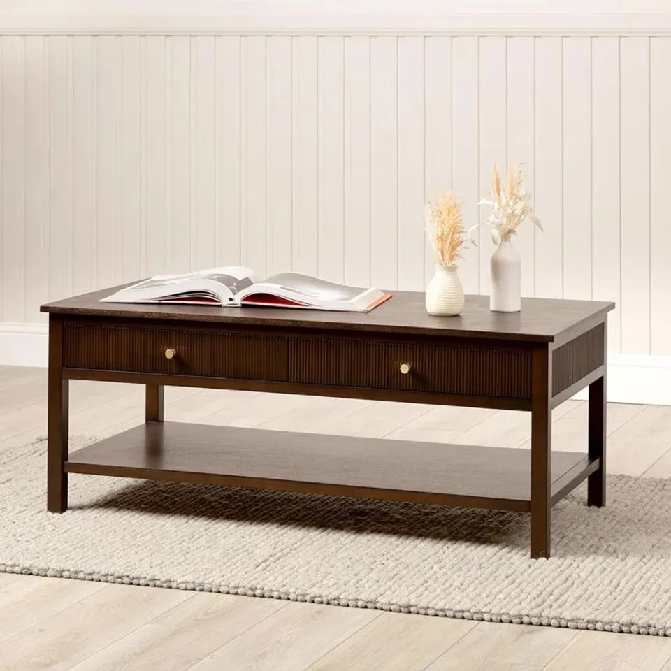 BOXED WALLSBURG WOODEN COFFEE TABLE FOR LIVING ROOM WITH 2 DRAWERS & SHELF STORAGE