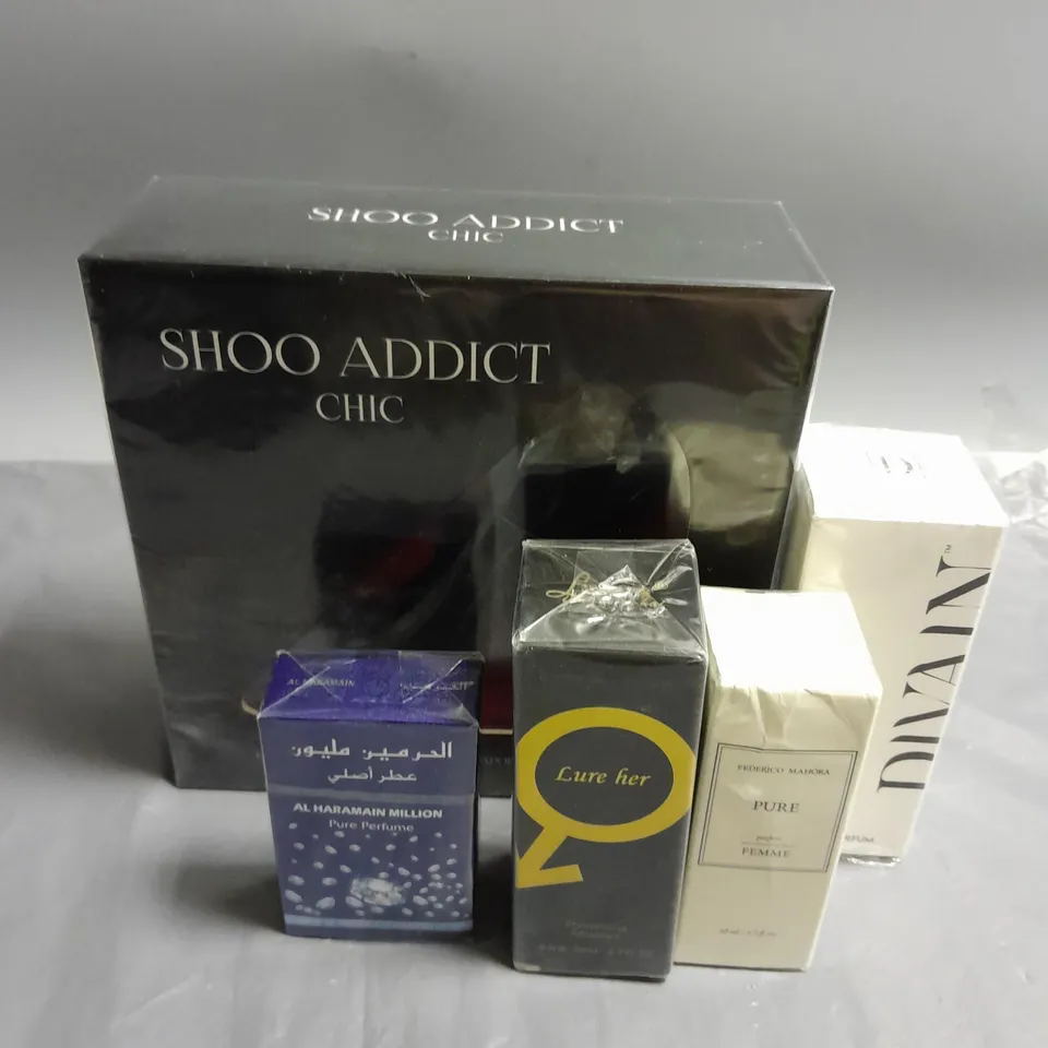 BOX OF APPROXIMATELY 5 ASSORTED BOXED AND SEALED FRAGRANCES TO INCLUDE - DIVAIN EAU DE PARFUM - FEDERICO MAHORA PURE PARFUM FEMME - SHOO ADDICT CHIC EAU DE PARFUM - ETC