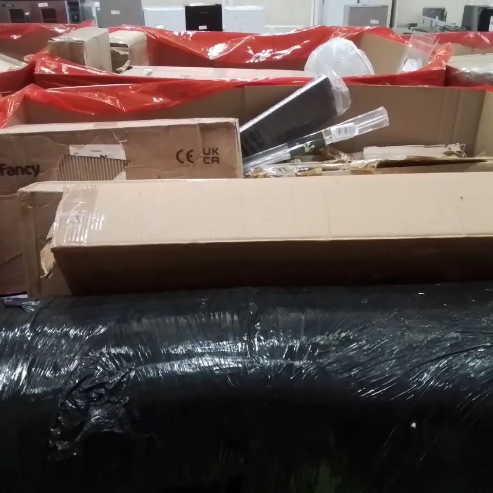 PALLET CONTAINING VARIOUS ASSORTED ITEMS TO INCLUDE:500W LED FLOOD LIGHT, SHOE STORAGE BOXES, POOL CUES,WHITEBOARD STICKER AND OTHER ASSORTED ITEMS...