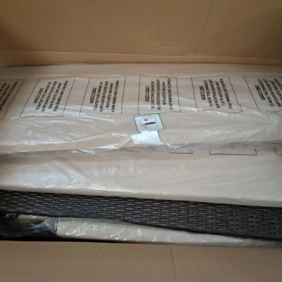 BOX OF RATTAN EFFECT OUTDOOR FURNITURE PARTS AND CUSHIONS