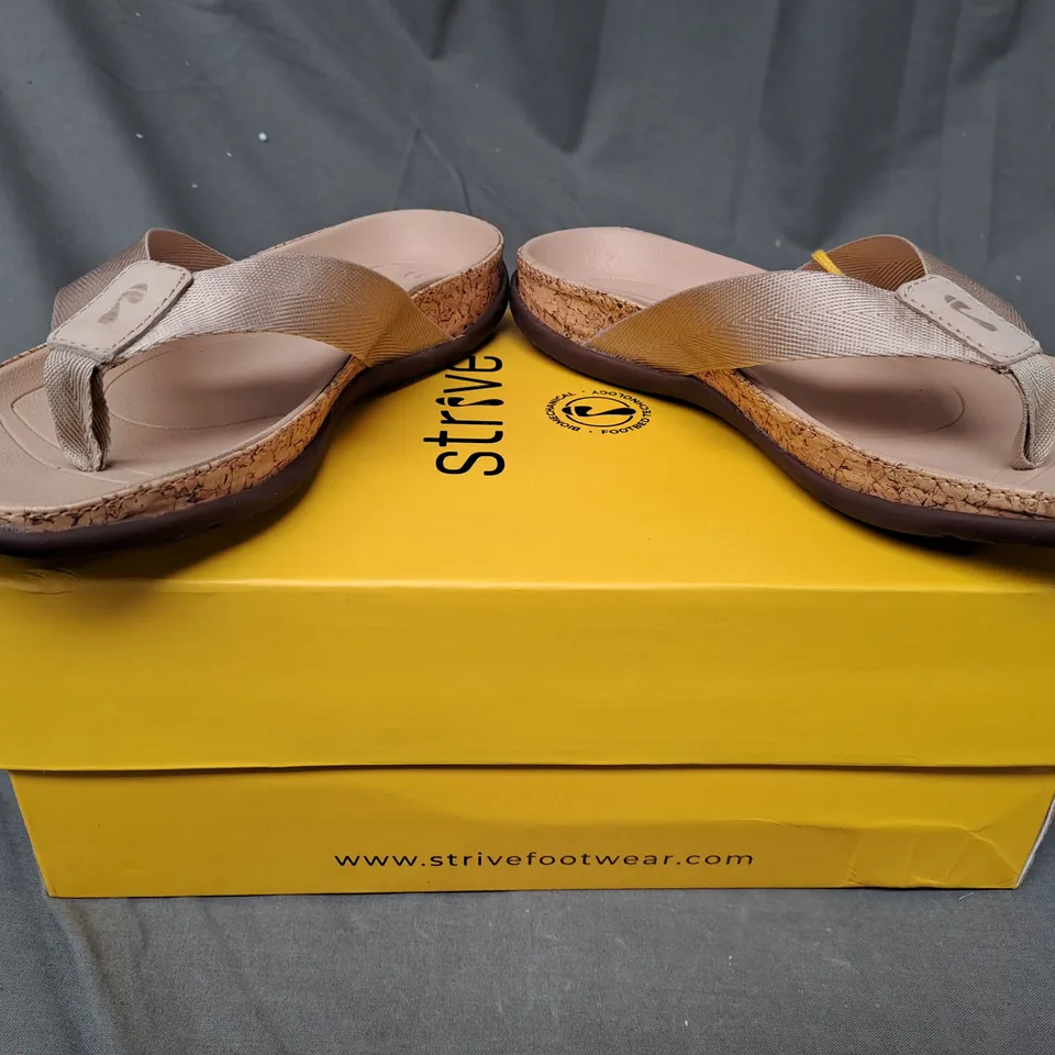 BOXED PAIR OF STRIVE SANDALS IN ALMOND - SIZE 3