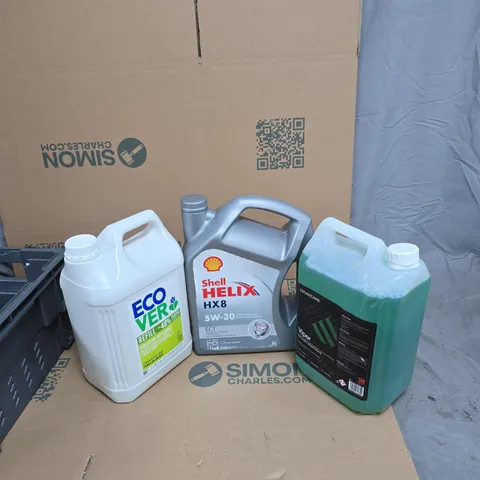 TOTE OF WASHING UP LIQUID, SHELL 5W-30 AND NON ACIDIC WHEEL CLEANER