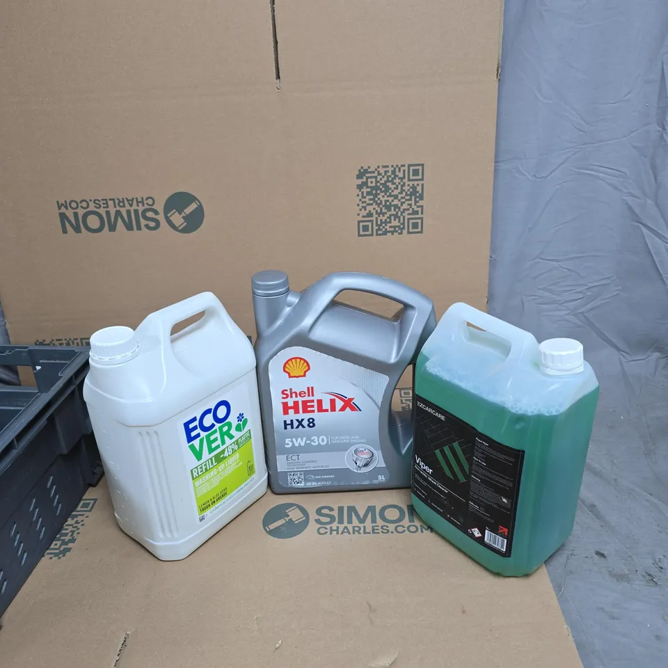 TOTE OF WASHING UP LIQUID, SHELL 5W-30 AND NON ACIDIC WHEEL CLEANER