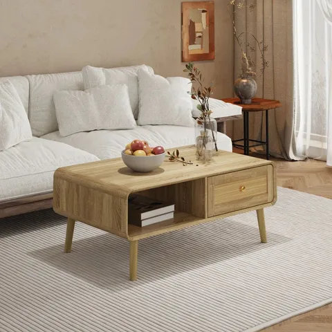 BOXED 100CM W RATTAN COFFEE TABLE WITH OPEN SHELF & DRAWER