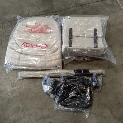 BOXED ICANDY ACCESSORIES PACK IN BISCOTTI TO INCLUDE; CHANGING BAG, PRAM PARASOL, CUP HOLDER, FOOTMUFF