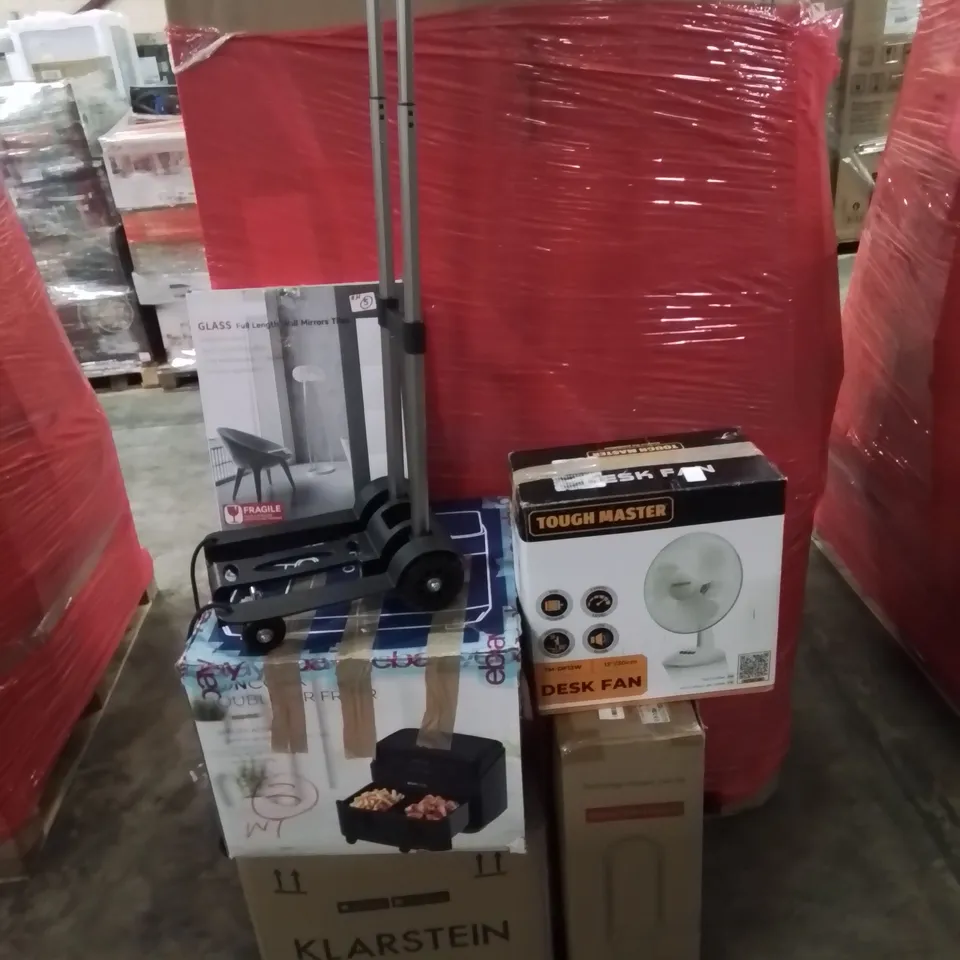 PALLET OF MIXED BOXED HOUSEHOLD ITEMS TO INCLUDE; FANS, AIR FRYER, TROLLEY, MIRROR TILES ETC.