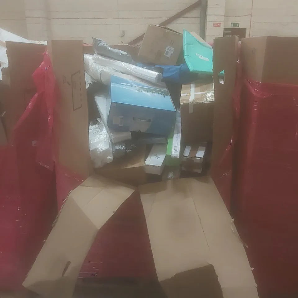 PALLET OF ASSORTED HOUSEHOLD GOODS AND PRODUCTS TO INCLUDE; DOOR WAY CHIN-UP BARS, SHOWER RISER RAIL KIT, UNDERSINK WATER FILTRATION, BOXED FURNITURE ETC