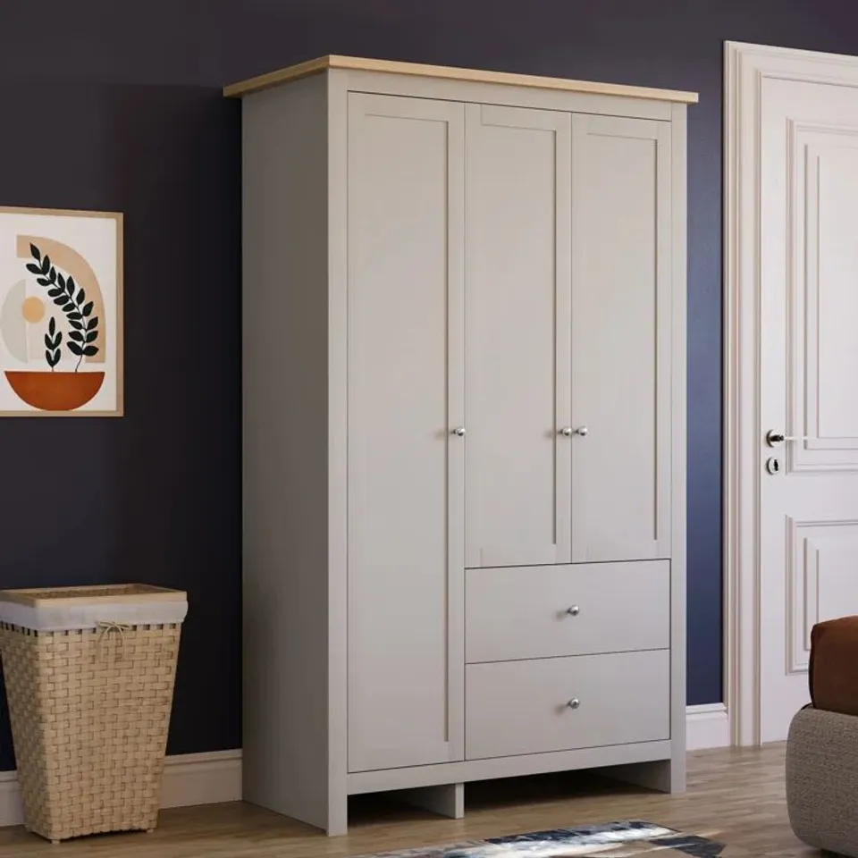 BOXED MORLEY 3 DOOR 2 DRAWER WARDROBE WITH HANGING CLOTHES RAIL - GREY & OAK (3 BOXES)