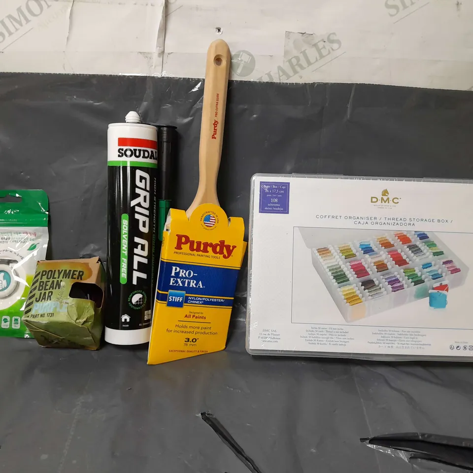 BOX OF APPROXIMATELY 14 ASSORTED ITEMS TO INCLUDE - D.M.C STORAGE BOX , PURDY PRO-EXTRA BRUSH , POLYMER BEAN JAR ETC