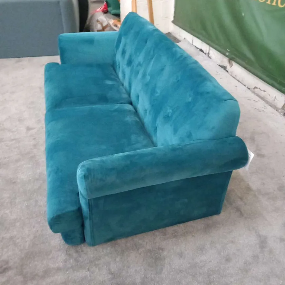 DESIGNER TEAL VELVET EFFECT FABRIC BUTTON BACK THREE SEATER SOFA