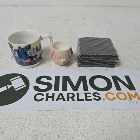 LOT OF APPROXIMATELY 15 ASSORTED POTTERY AND GLASS ITEMS TO INCLUDE A THOMAS THE TANK ENGINE MUG, AN EGG CUP AND SLATE MUG COASTERS