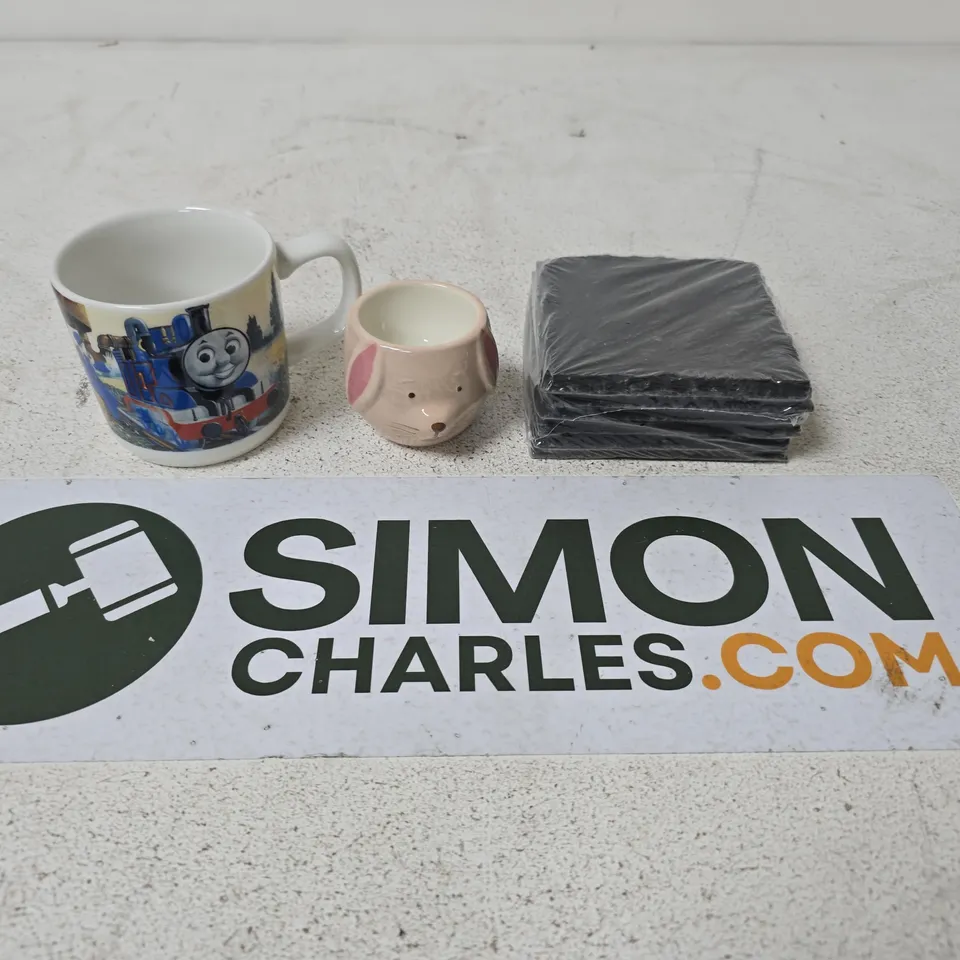 LOT OF APPROXIMATELY 15 ASSORTED POTTERY AND GLASS ITEMS TO INCLUDE A THOMAS THE TANK ENGINE MUG, AN EGG CUP AND SLATE MUG COASTERS