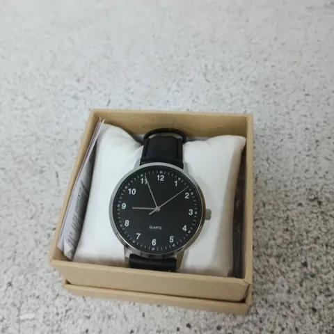 ANALOG QUARTZ WRISTWATCH WITH BLACK DIAL & LEATHER STRAP – BOXED