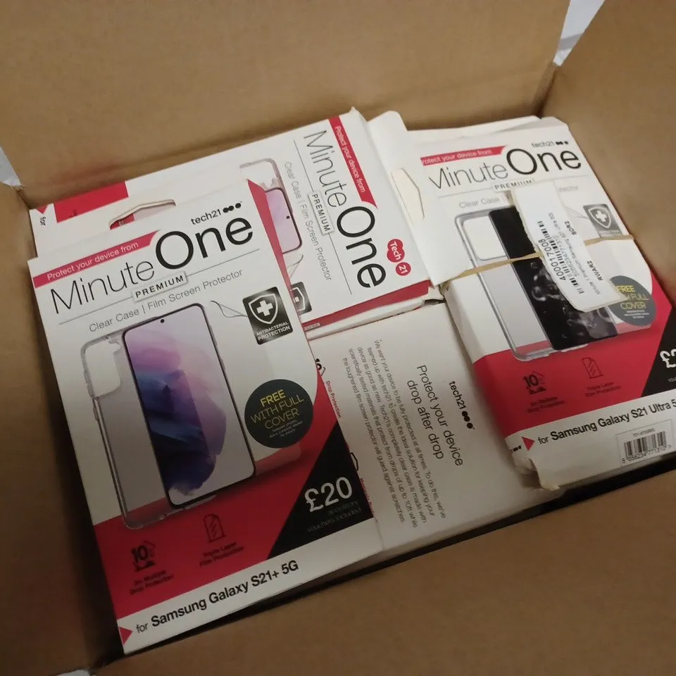 LOT OF APPROX. 25 TECH21 MINUTE ONE PREMIUM CLEAR CASE, FILM SCREEN PROTECTOR WITH 10FT DROP PROTECTION AND TRIPLE LAYER FILM PROTECTION FOR SAMSUNG GALAXY S21+ 5G