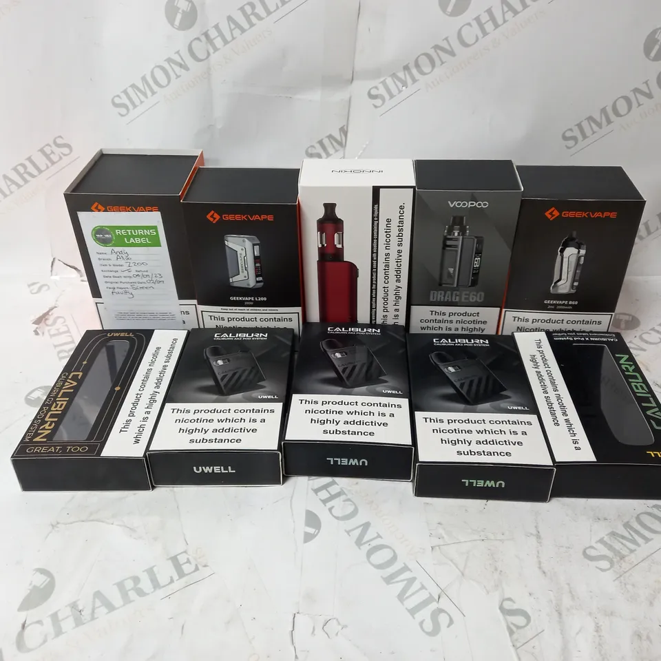 BOX OF APPROXIMATELY 10 ASSORTED E-CIG PRODUCTS TO INCLUDE GEEKVAPE, INNOKIN, UWELL CALIBURN 