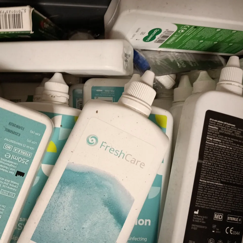 APPROXIMATELY 20 ASSORTED ITEMS TO INCLUDE CONTACT LENSE CLEANERS, NICORETTE INHALER, ETC
