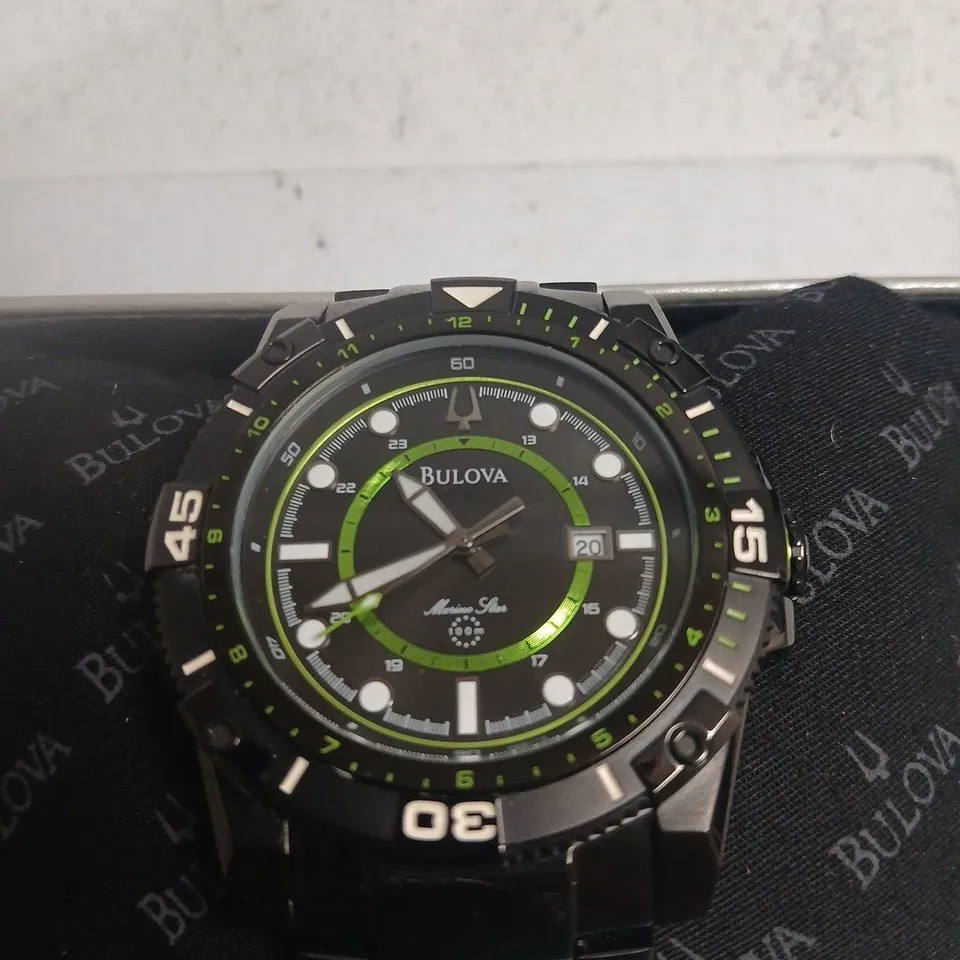 BULOVA MARINE STAR STAINLESS STEEL WATCH – BLACK DIAL WITH GREEN ACCENTS