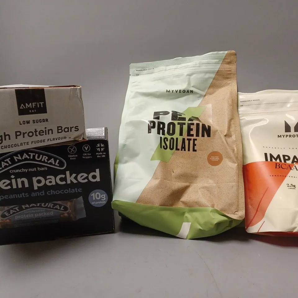 BOX OF APPROX 5 ASSORTED FOOD ITEMS TO INCLUDE - MYPROTEIN PEA PROTEIN ISOLATE - IMPACT BCAA 2:1:1 - AMFIT HIGH PROTEIN BARS ECT