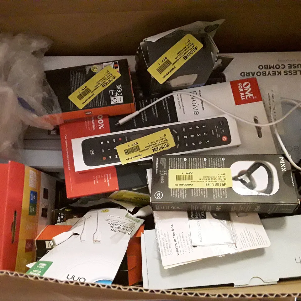 BOX OF ASSORTED ELECTRONIC PRODUCTS INCLUDING UNIVERSAL REMOTE, KEYBOARD & MOUSE, SPORTS EARPHONES, PORTABLE RADIO