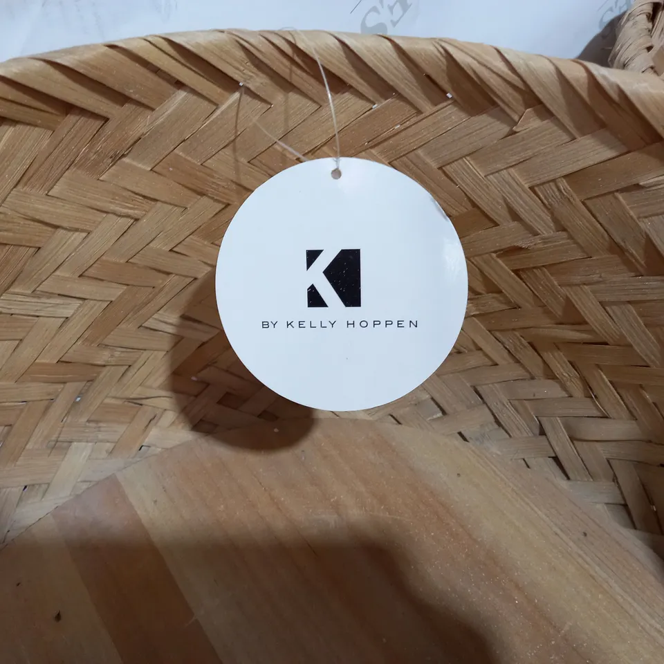 SET OF 3 STACKABLE ROUND WOVEN BASKETS - IN NATURAL BAMBOO AND WHITE WITH SOLID WOOD BASE