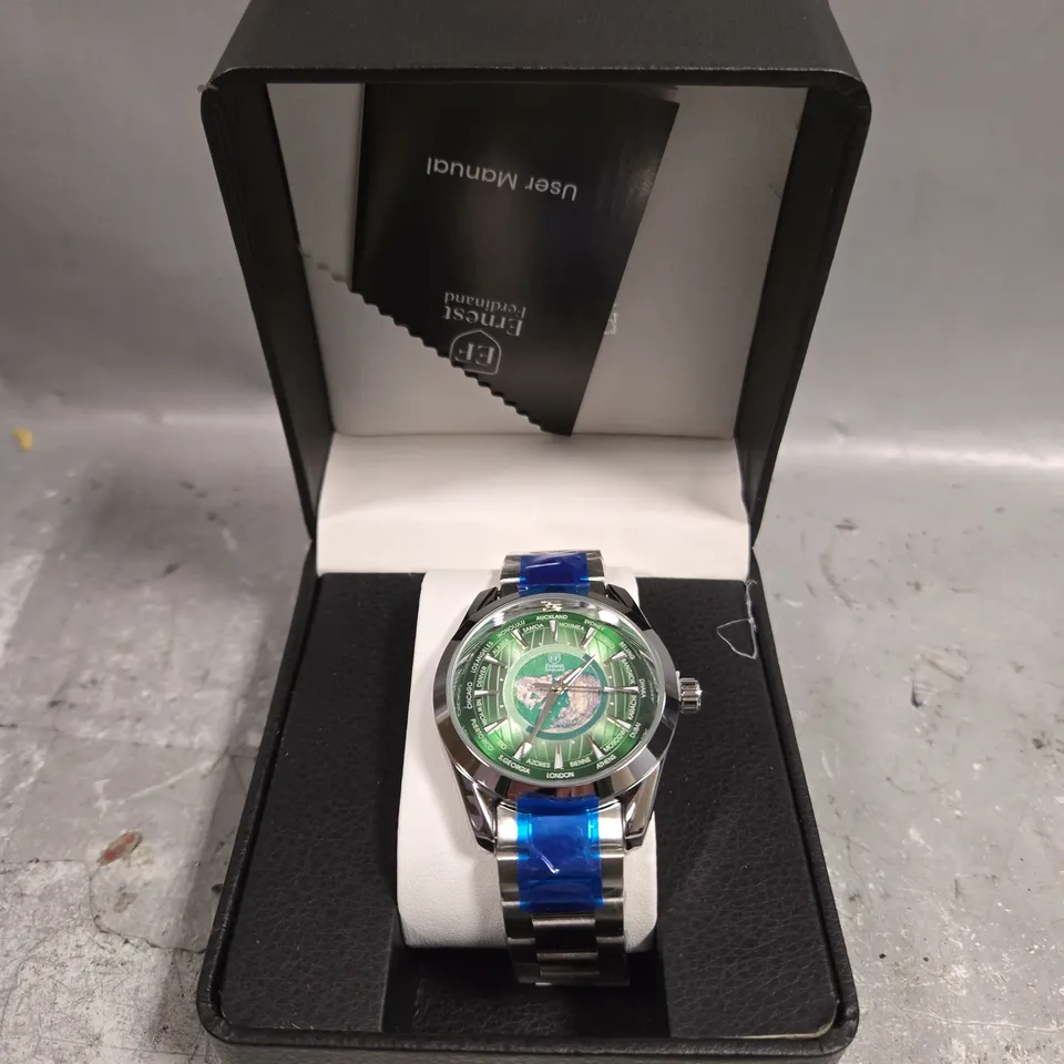 MENS ERNEST FERDINAND WATCH – GLOBAL DIAL – STAINLESS STEEL STRAP – 3ATM WATER RESISTANT