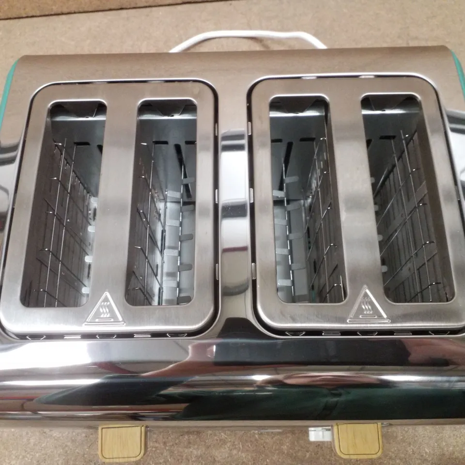 BOXED SWAN NORDIC 4 SLICE TOASTER WITH 6 BROWNING LEVELS, DEFROST/REHEAT/CANCEL, REMOVABLE CRUMB TRAYS, CORD STORAGE, 1500W, GREEN