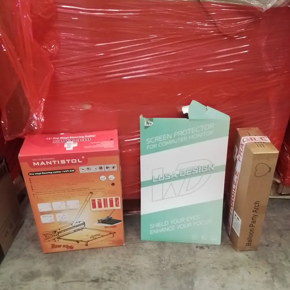 PALLET OF ASSORTED HOUSEHOLD GOODS AND PRODUCTS TO INCLUDE;BALLOON PARTY ARCH,FLOOR CUTTER,SCREEN PROTECTORFOR PC