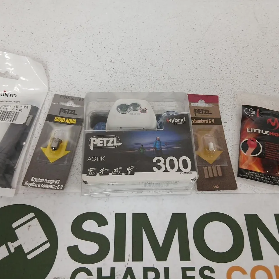 FIVE ASSORTED PRODUCTS TO INCLUDE; PETZL ACTIK HYBRID CONCEPT 300LUMENS, DUO MINI BULB, SUUNTO SPARES