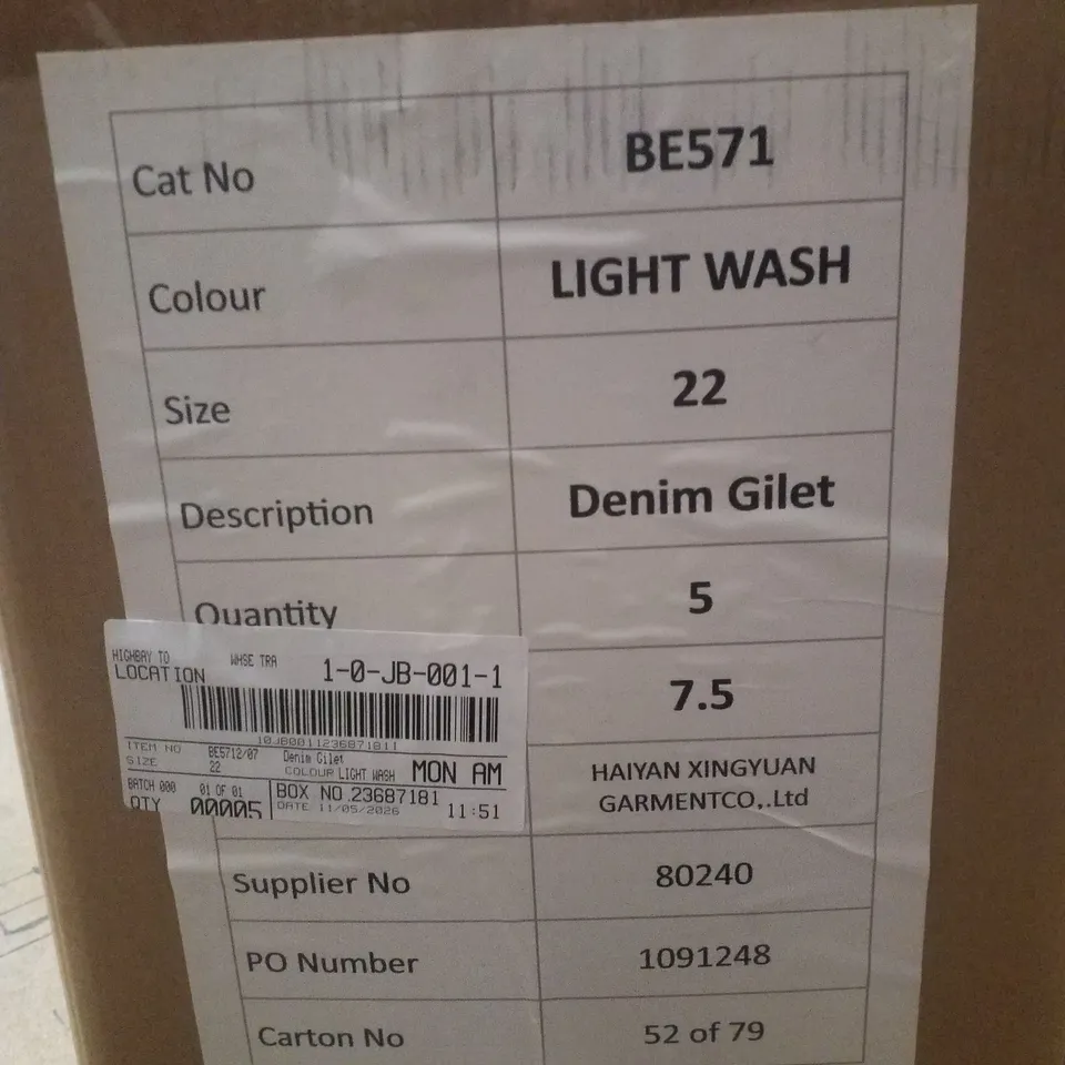 BOX CONTAINING APPROXIMATELY 5 BRAND NEW SIMPLY BE BLUE REGULAR SLEEVELESS DENIM GILETS - SIZE 22