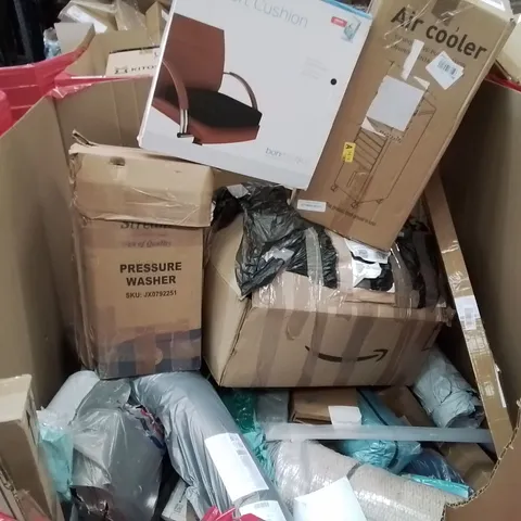 PALLET CONTAINING VARIOUS ASSORTED BOXED HOUSEHOLD ITEMS TO INCLUDE: AIR COOLER, COMFORT CUSHION, PRESSURE WASHER, LARGE AREA RUG AND LOTS MORE UNMARKED BOXED ITEMS 