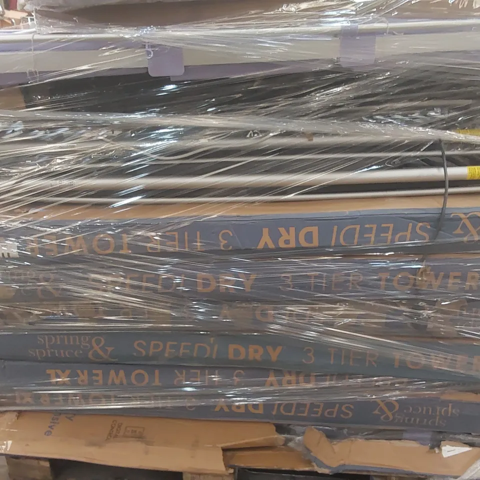 PALLET CONTAINING A VERY LARGE QUANTITY OF ASSORTED ITEMS INCLUDING: SPRING & SPRUCE SPEEDI DRY 3 TIER CLOTHES AIRERS, HIGHLANDS ELECTRIC CLOTHES AIRERS ECT
