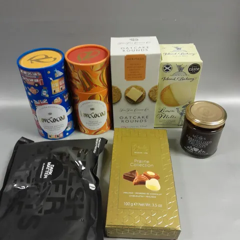 APPROXIMATELY 15 ASSORTED FOOD/DRINK PRODUCTS TO INCLUDE FINE CHEESE COMPANY OAT CAKES, ISLAND BAKERY LEMON MELTS, SHAWS CHUTNEY ETC