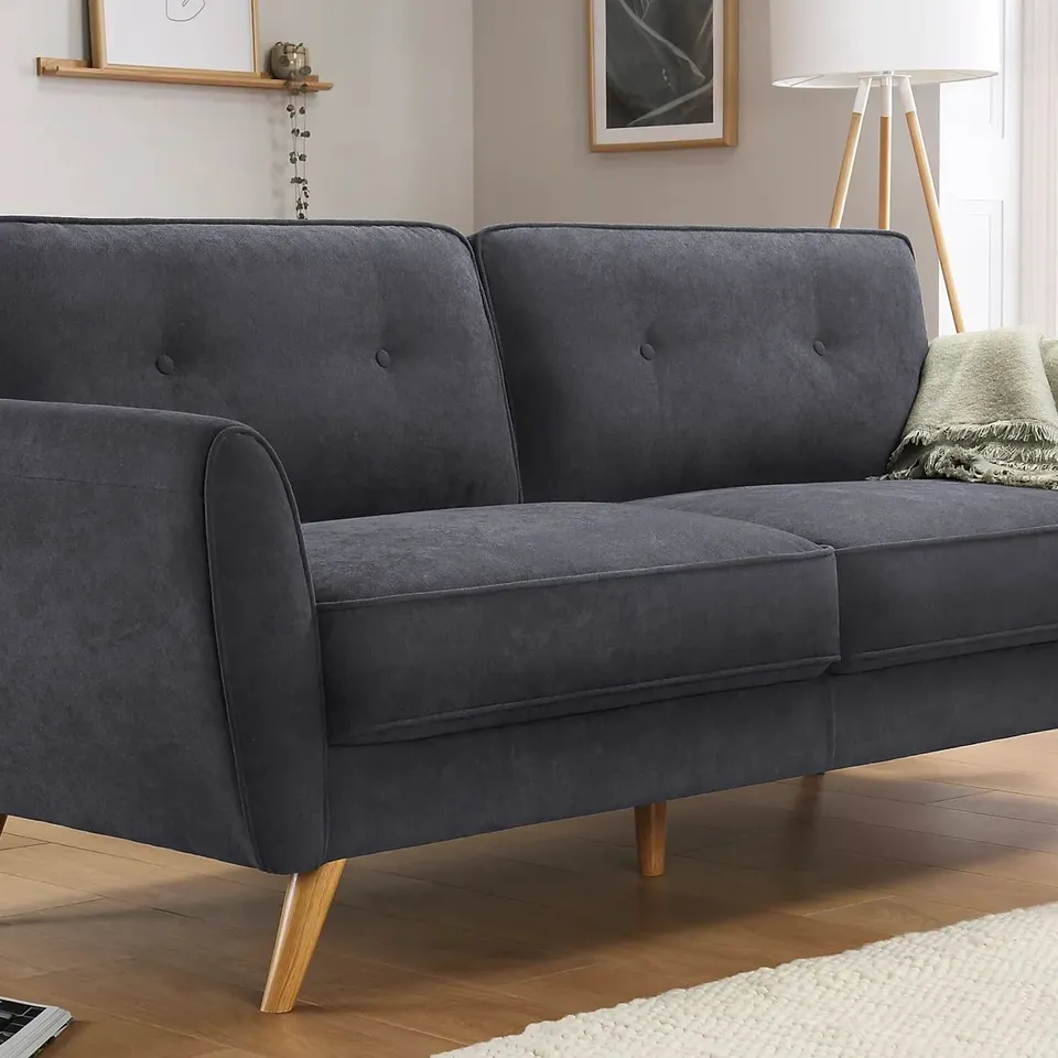 BOXED DESIGNER HARLOW SLATE GREY PLUSH FABRIC THREE SEATER SOFA 