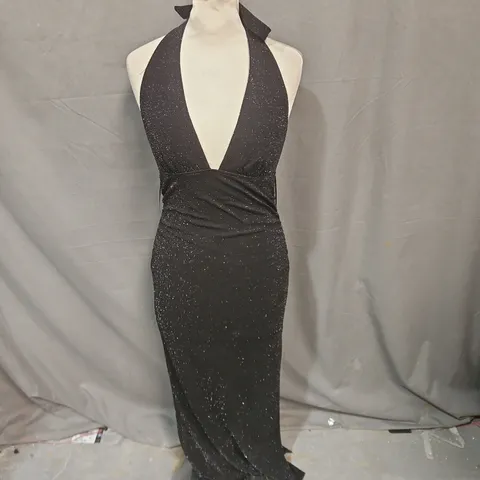BERSHKA BLACK GLITTER HALTER-NECK MAXI DRESS – SIZE S