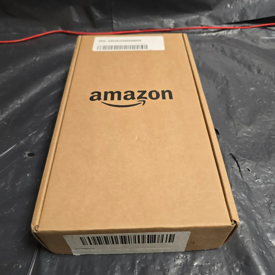 AMAZON TABLET IN BOX – BLACK, BOXED; SCREEN SHOWS LOW BATTERY 