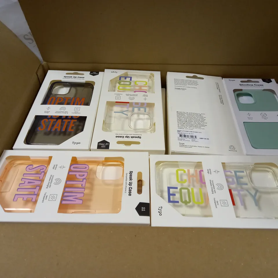 BOX OF APPROXIMATELY 54 TYPO PHONES CASES ('SLIMLINE CASE' & 'SPEAK UP CASE') FOR IPHONE 11, 12 MINI, 12/12PRO IN VARYING COLOURS