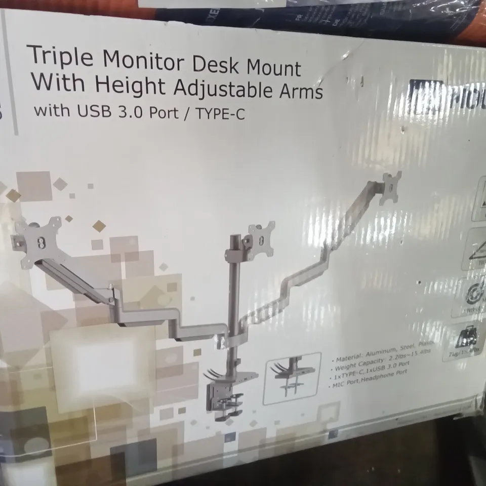 BOXED TRIPLE MONITOR DESK MOUNT WITH HEIGHT ADJUSTABLE ARMS 