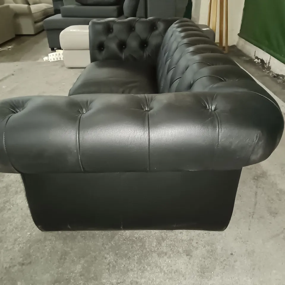 BLACK FAUX LEATHER BUTTON DETAIL SCROLL ARMED 2-SEATER SOFA WITH STUD BOTTOM TRIM