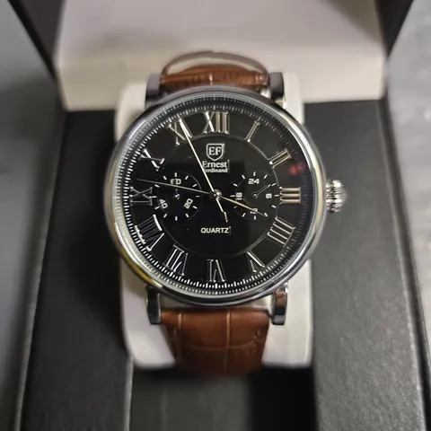 ERNEST FERDINAND STAINLESS STEEL BLACK DIAL ROMAN NUMERAL WATCH WITH BROWN LEATHER STRAP