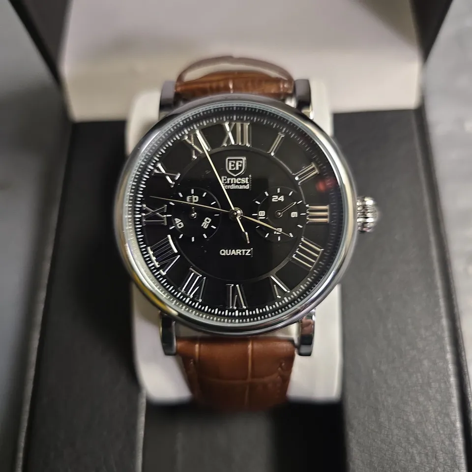 ERNEST FERDINAND STAINLESS STEEL BLACK DIAL ROMAN NUMERAL WATCH WITH BROWN LEATHER STRAP