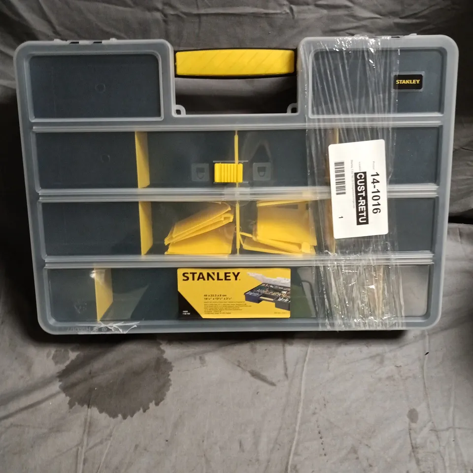 STANLEY PLASTIC TOOL STORAGE BOX WITH YELLOW INTERIOR DIVIDERS