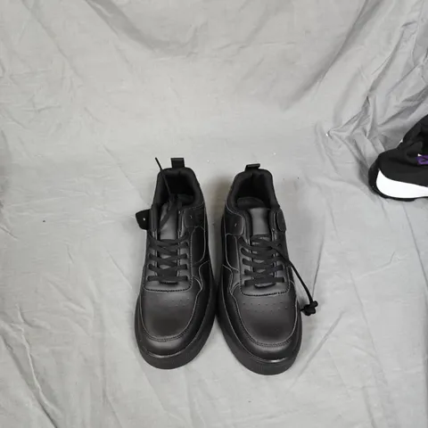 BOX OF APPROXIMATELY 15-20 PAIRS OF ASSORTED SHOES INCLUDING, ASOS BOOTS , BLACK TRAINERS AND BLACK AND PURPLE TRAINERS