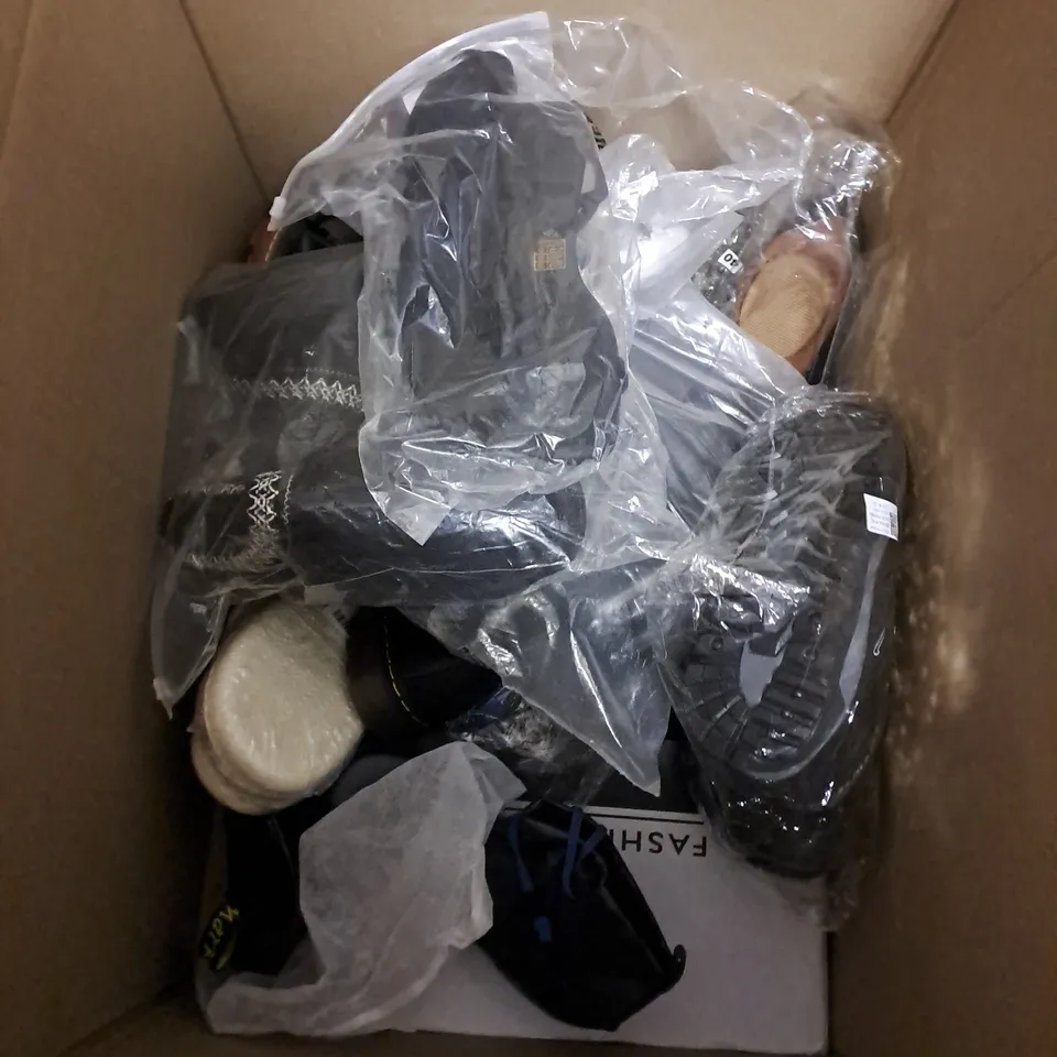 BOX OF APPROXIMATELY 10 PAIRS OF ASSORTED SHOES IN VARIOUS COLOUR, STYLES AND SIZES