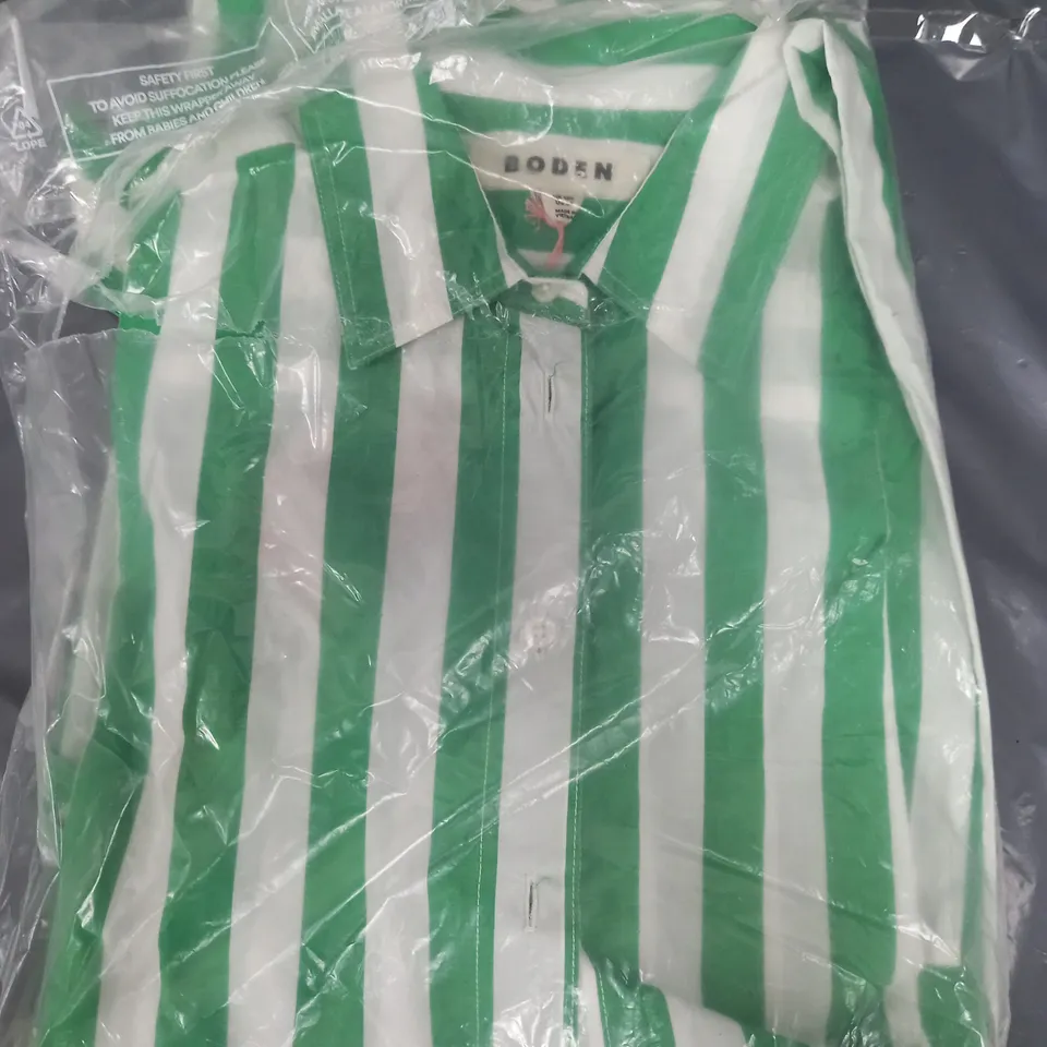 BAGGED BODEN RELAXED COTTON SHIRT DRESS IN GREEN/WHITE - UK 12R