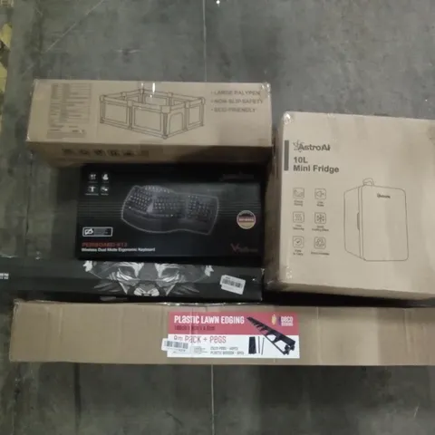 PALLET OF ASSORTED ITEMS INCLUDING ASTROAI MINI FRIDGE, PLASTIC LAWN EDGING, BLACK GAMING MOUSE PAD, WIRELESS DUAL MODE ERGONOMIC KEYBOARD, BABY PLAYPEN, KIDS POP UP TENT