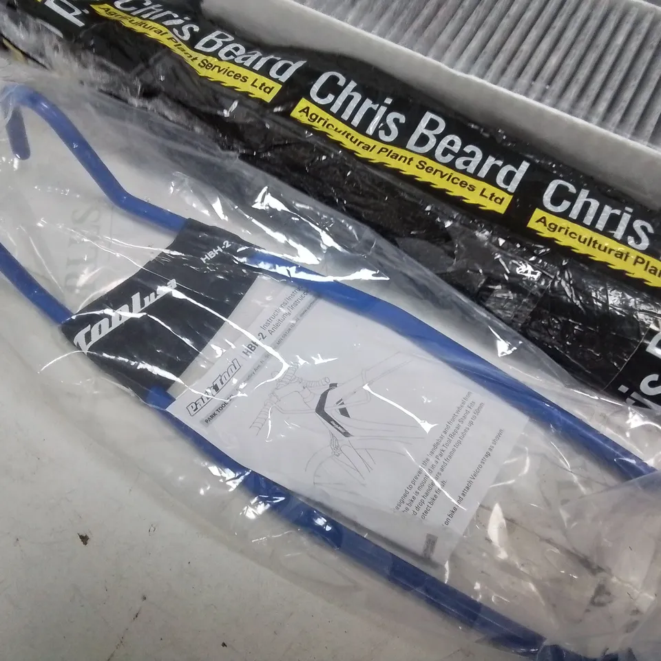 LOT OF ASSORTED AUTO AND VEHICLE PARTS TO INCLUDE AIR FILTERS, PARK TOOLS HBH-2 AND VEHICLE SEAT COVER