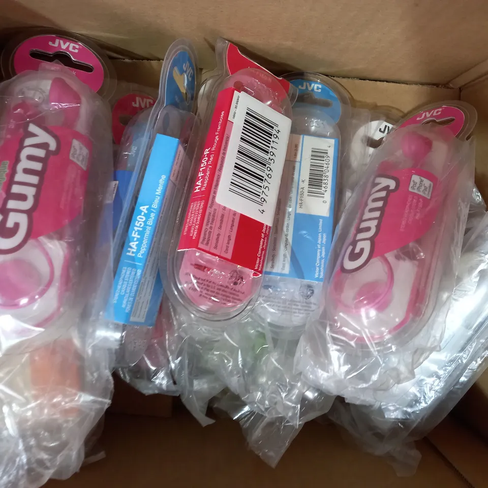 BOX OF APPROXIMATELY 20 ASSORTED JVC GUMY STEREO HEADPHONES IN VARIOUS COLOURS