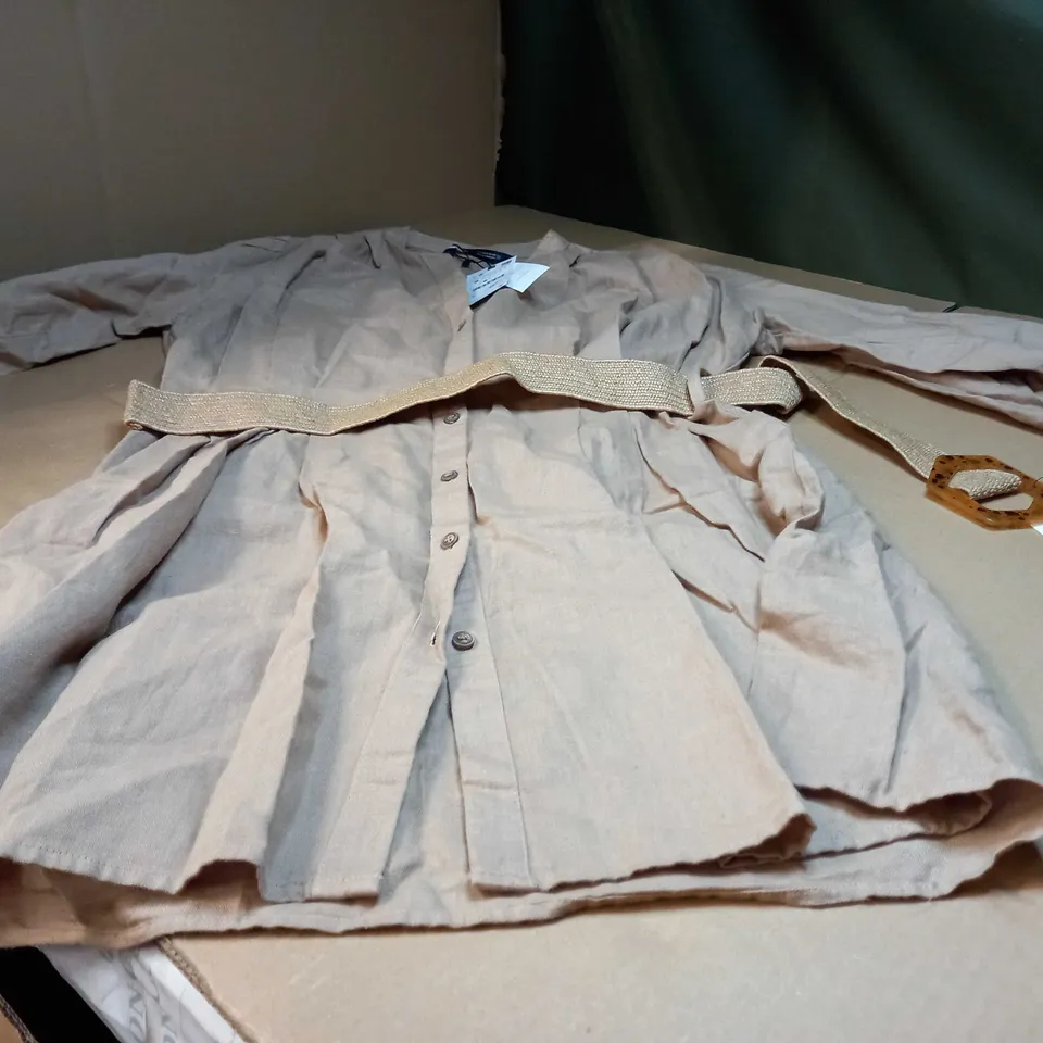 ZARA DARK OATS LINEN STYLE BELTED SHIRT DRESS - SMALL