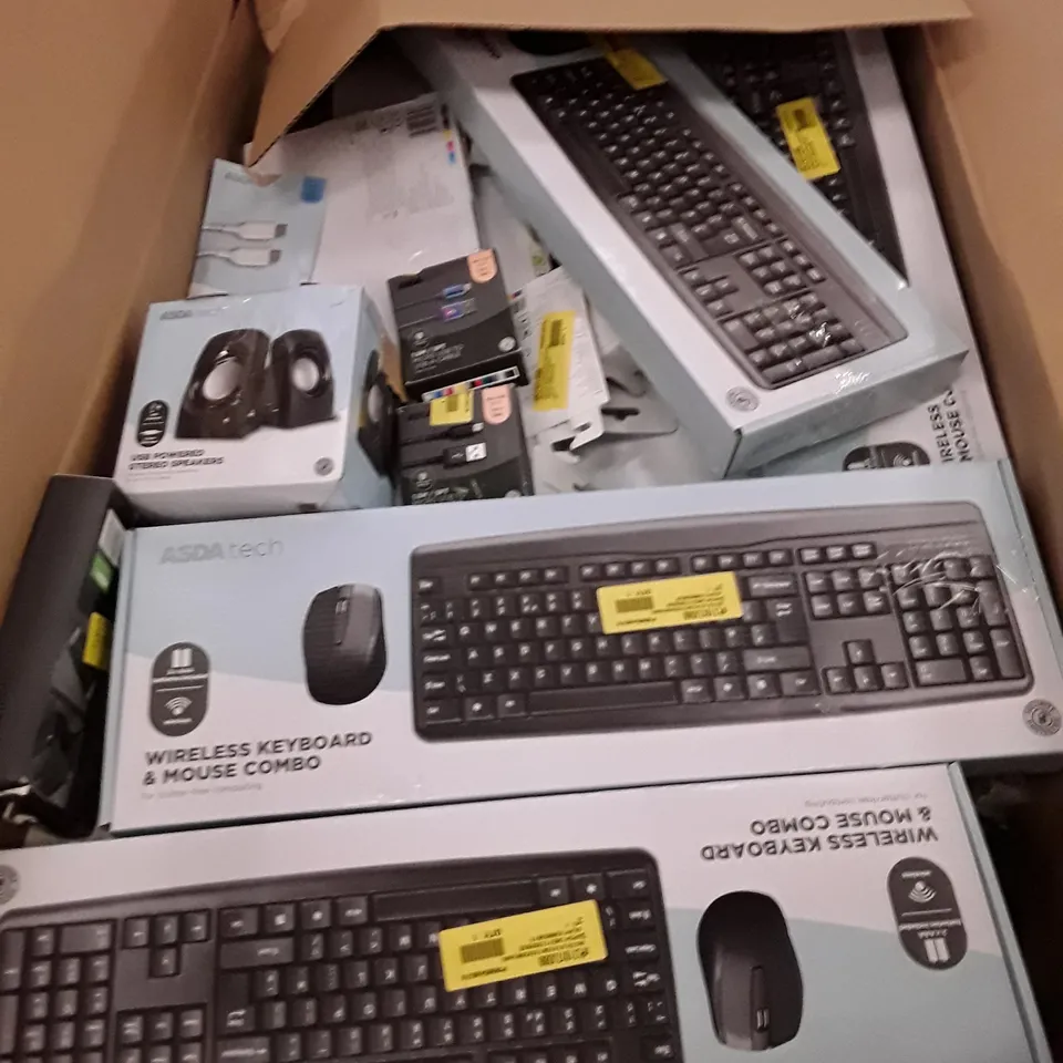 BOX OF ASSORTED ELECTRONIC PRODUCTS INCLUDING KEYBOARD & MOUSE, STEREO SPEAKERS, MICRO USB TO USB A CABLE, POWER BANK